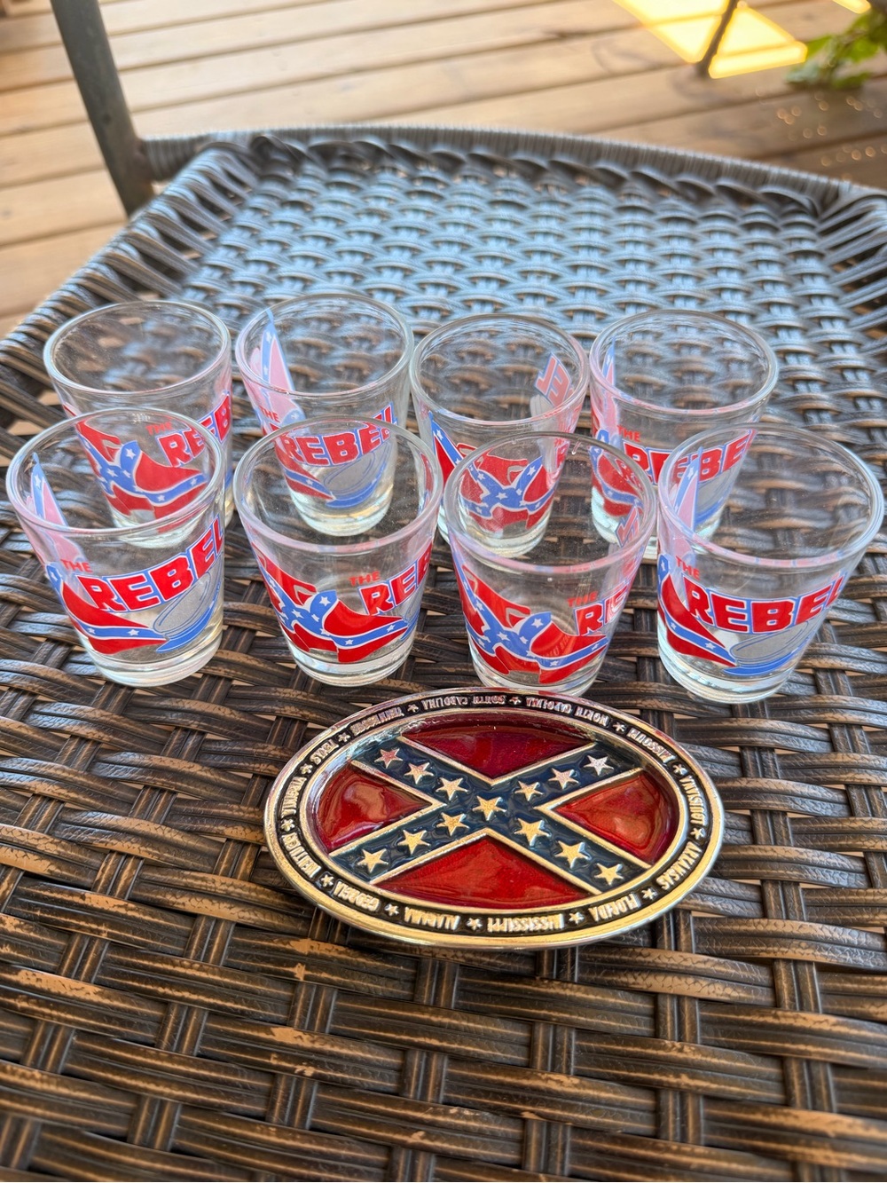 8 Rebel/Confederate Flag Shot Glass Set with heavy, solid silver belt buckle.